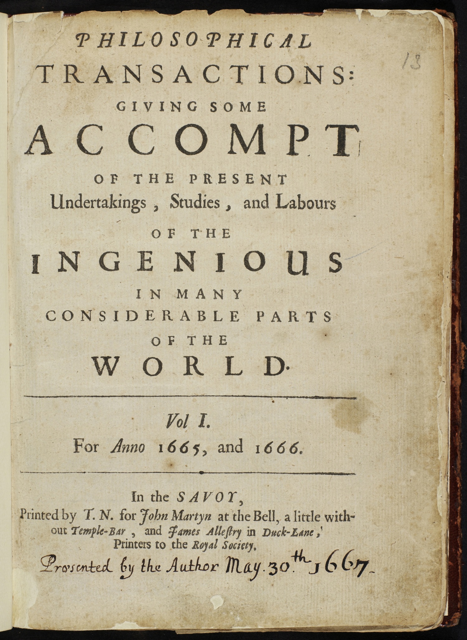 Image of the title page from the Philosophical Transactions featuring volume 1, years 1665-1666.