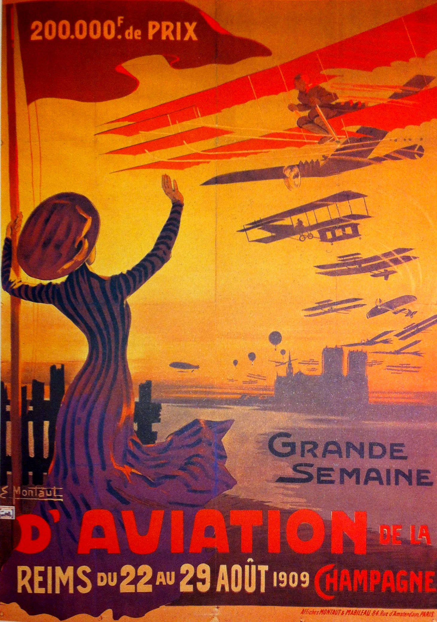 Grande Semaine Colorful poster showing woman in hat waving to planes flying overhead while text marks the dates of the upcoming Grande Semaine d'aviation in August 1909 in Champagne.