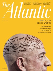 Cover of the Atlantic from November 2019, depicting Jeff Bezos's head, partitioned into various goals, and the text "What Jeff Bezos Wants: His master plan, and what it means for the rest of us."