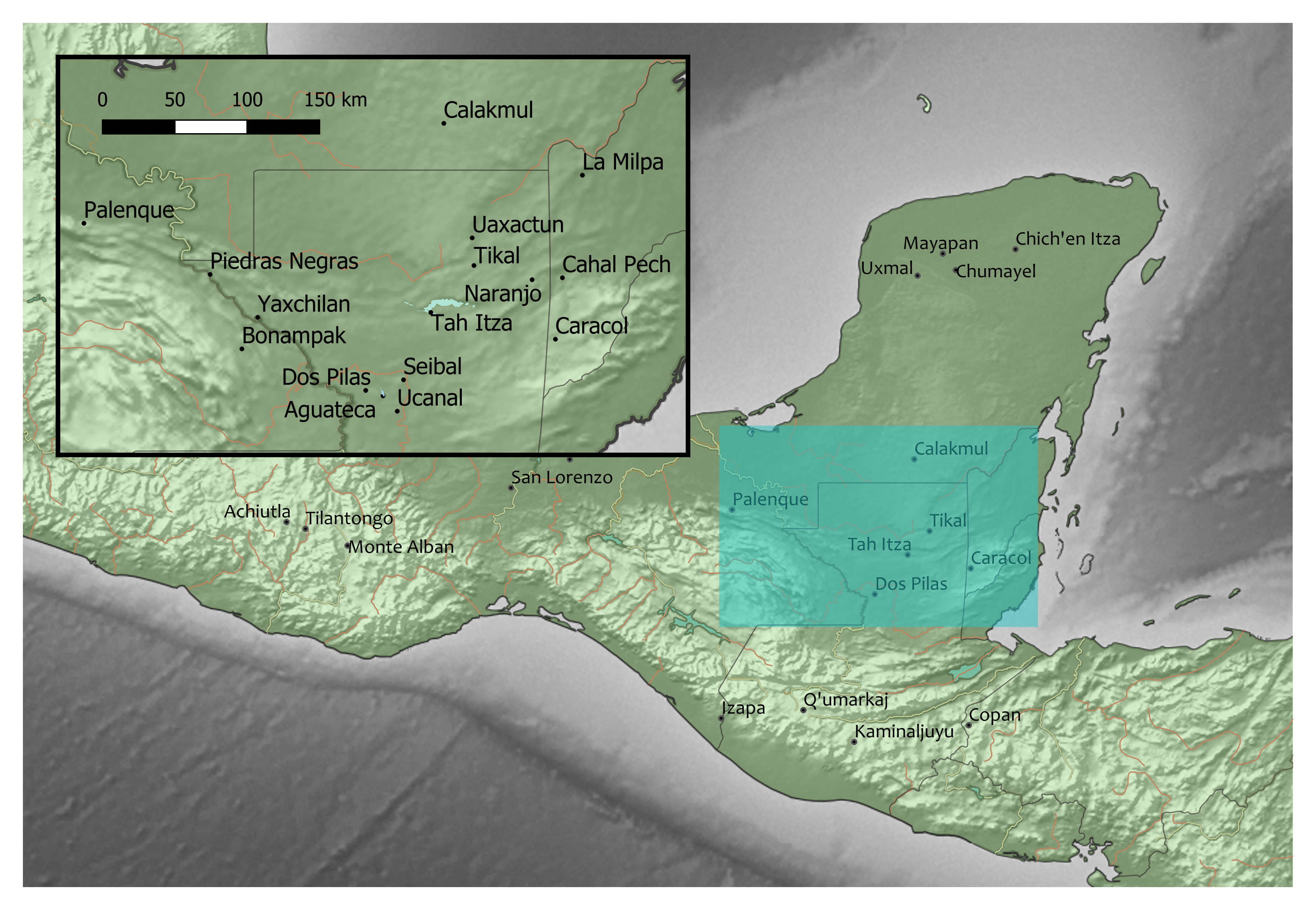 Map of Mayan region, with rectangle showing Peten region in more detail