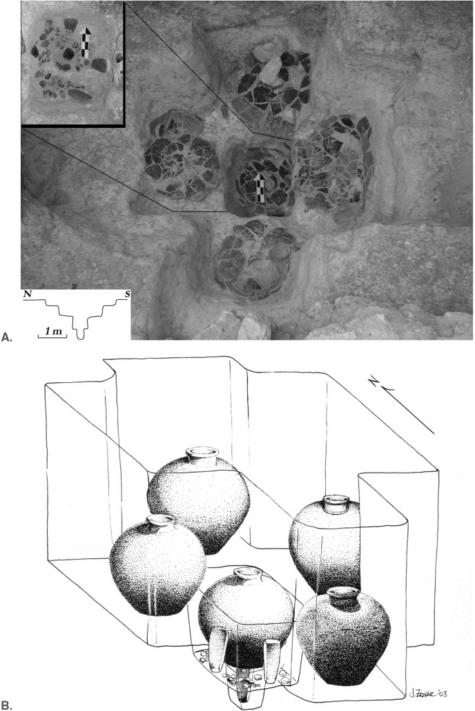 A photograph on the top showing archaeological site, with a line drawing on the bottom of location of jugs.