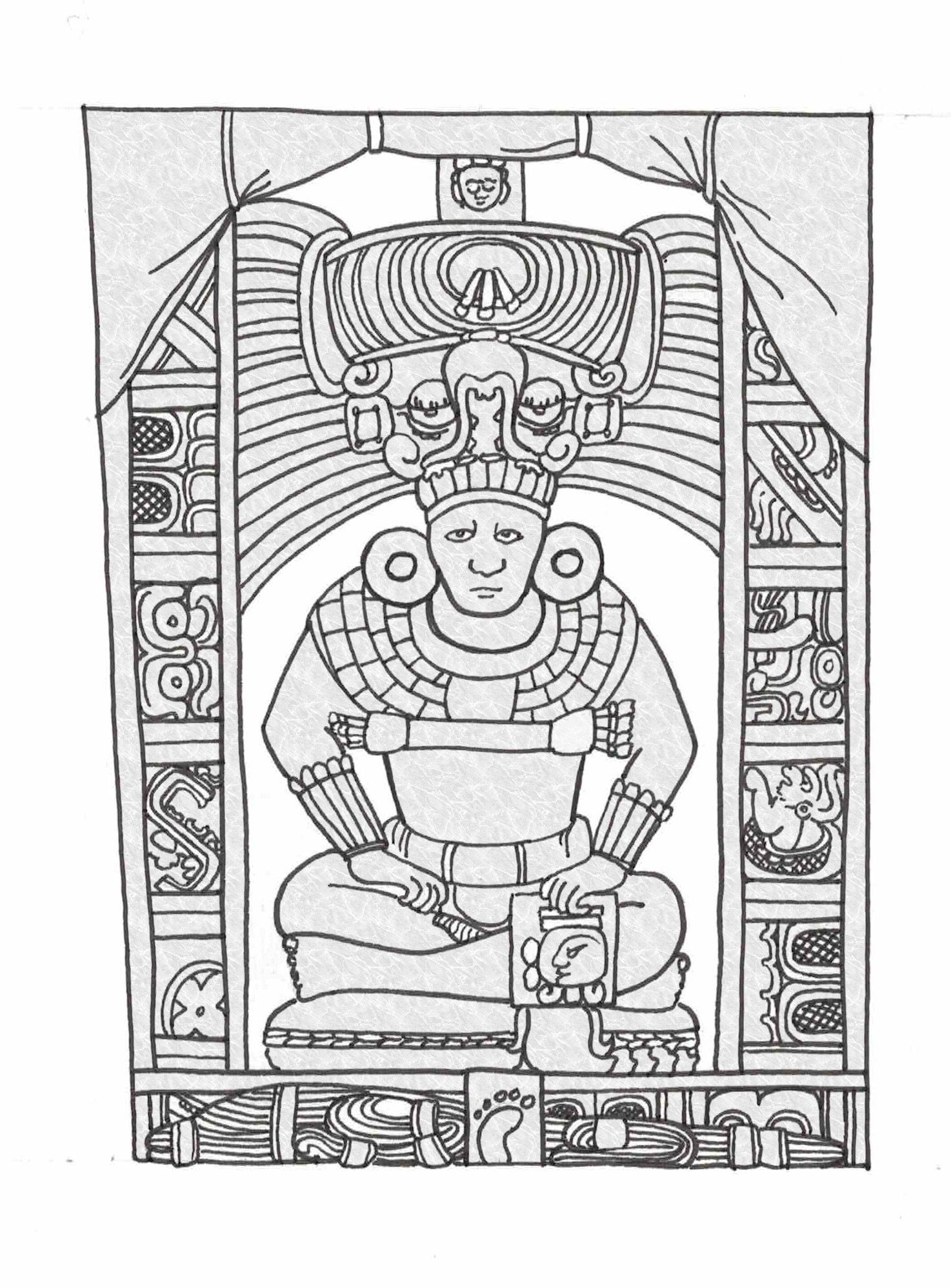 Diagram showing seated figure with glyphs surrounding it and skyband on top.