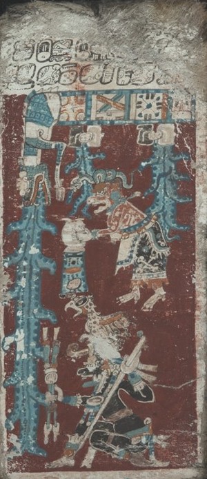 An image of an old page showing dragon figure and female figure.